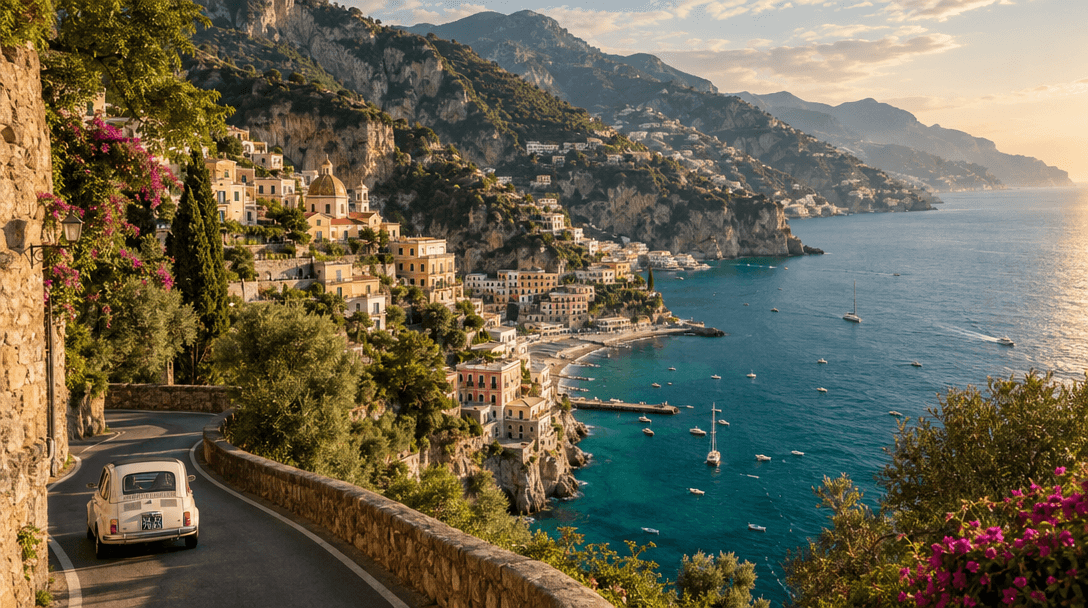 Pastel villages along the Amalfi Coast above the Mediterranean